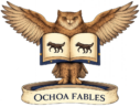 Ochoa Fables logo featuring an owl with open wings holding an open book, representing symbolic storytelling, children's literature, cultural heritage and education.