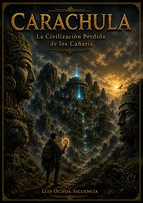 Book cover of Carachula: The Lost Civilization of the Cañaris by Luis Ochoa Siguencia, a historical novel inspired by the archaeology and cultural heritage of the Cañari civilisation.