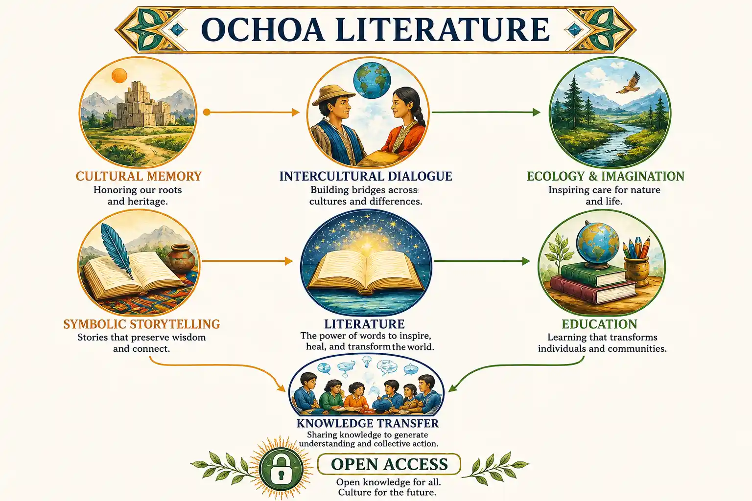 Conceptual framework of Ochoa Literature illustrating the relationships between cultural memory, symbolic storytelling, intercultural dialogue, ecological imagination, education and open-access publishing.